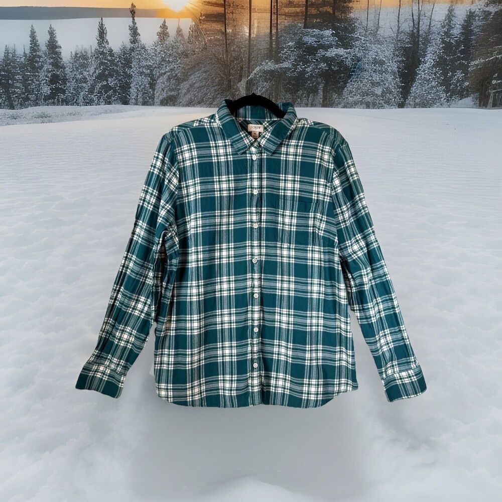 J Crew Plaid‎ Flannel Shirt Womens XL Button Up Collared Jade Green Cotton Soft